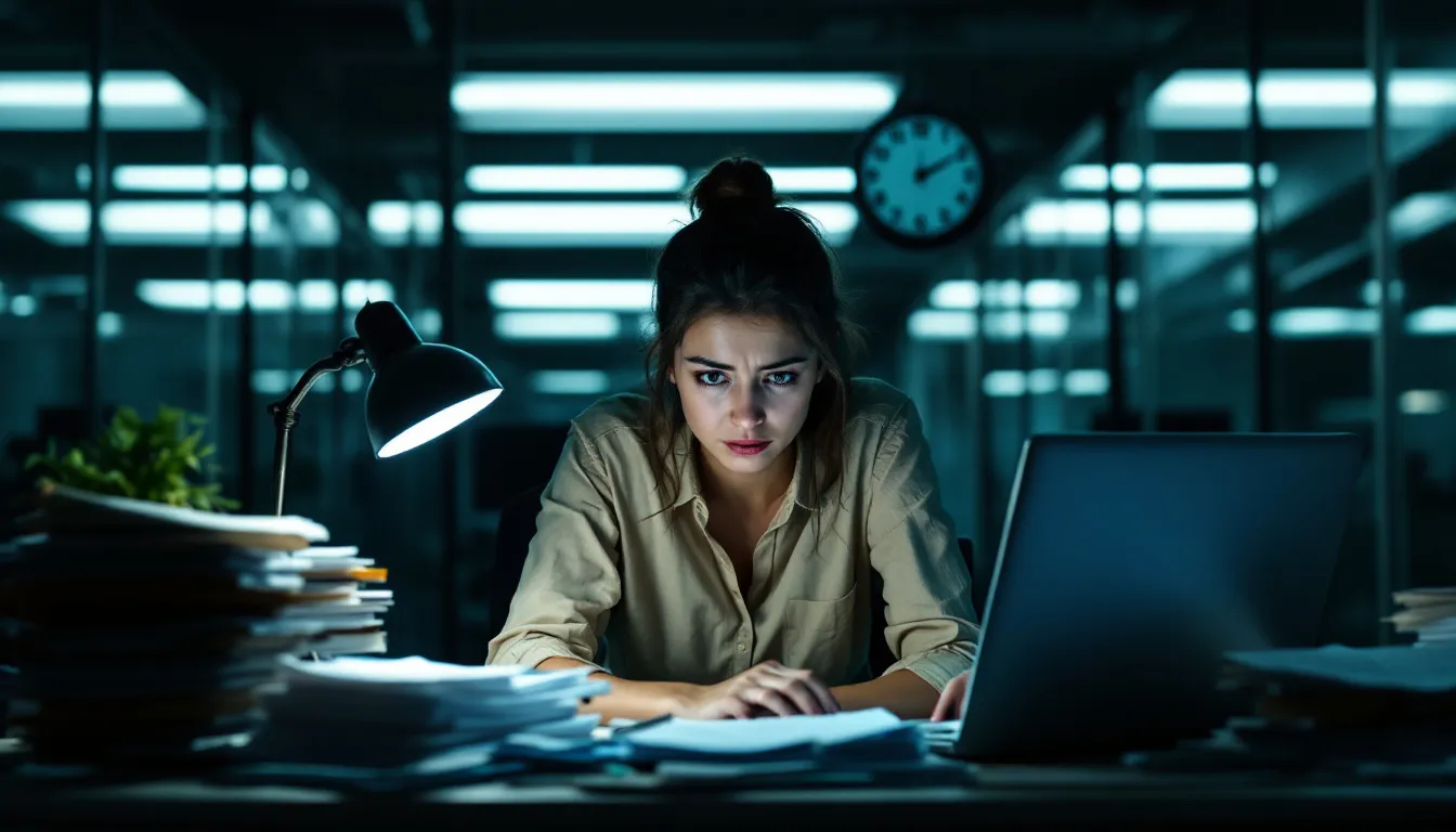 A stressed employee is working late alone in a dimly lit office, surrounded by stacks of paperwork and a computer screen, illustrating the challenges of maintaining work-life balance amidst family responsibilities. The scene highlights the reality of work-family conflict, as this dedicated worker juggles professional tasks while feeling the weight of personal commitments.
